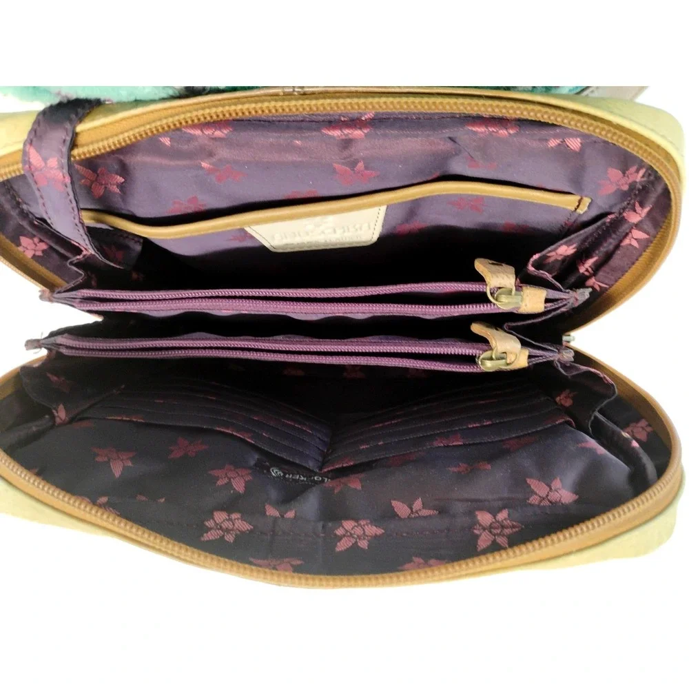 ANUSCHKA Leather Shoulder Bag Hand Painted Colorful Dragonfly & Floral Design‎